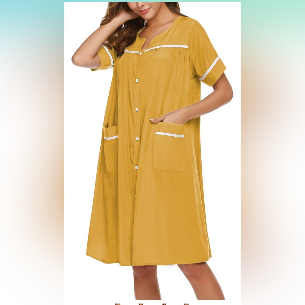 Yellow Button-Up House Dress with White Accents - Picture 9 of 16